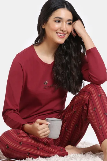 Buy Zivame Buzzers Knit Cotton Pyjama Set - Karanda Red